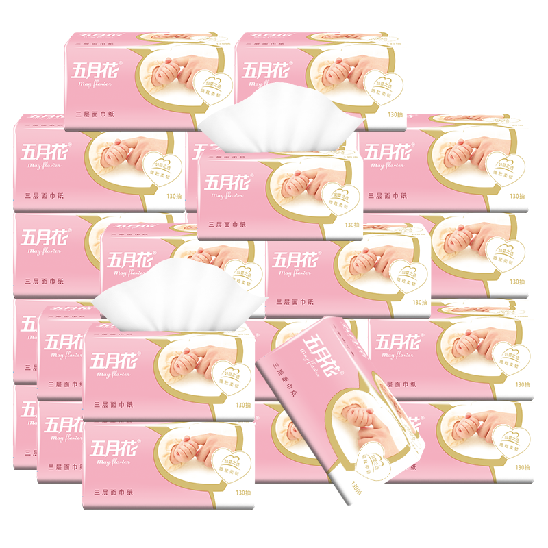 May Flower Facial Tissues, 3-Ply, 130 Sheets*18 Packs, Size S, Ultra-Soft, Thick, Delicate, Skin-Friendly Facial Tissues, Bulk Pack