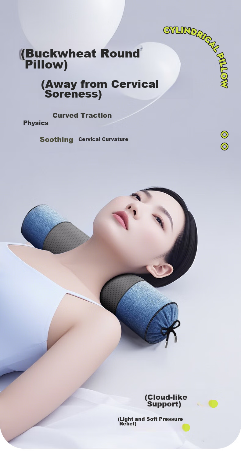J.Sir Cervical Pillow, Round Pillow for Wealthy Neck, Deep Sleep, Buckwheat Hull Filling, Soothing Cervical Traction Cylindrical Pillow 2