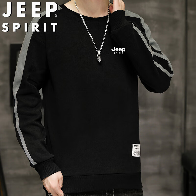JEEP SPIRIT Men's Sweatshirt, Spring And Autumn Long-Sleeve Casual Base Layer, Trendy Versatile Menswear, Black, 2XL