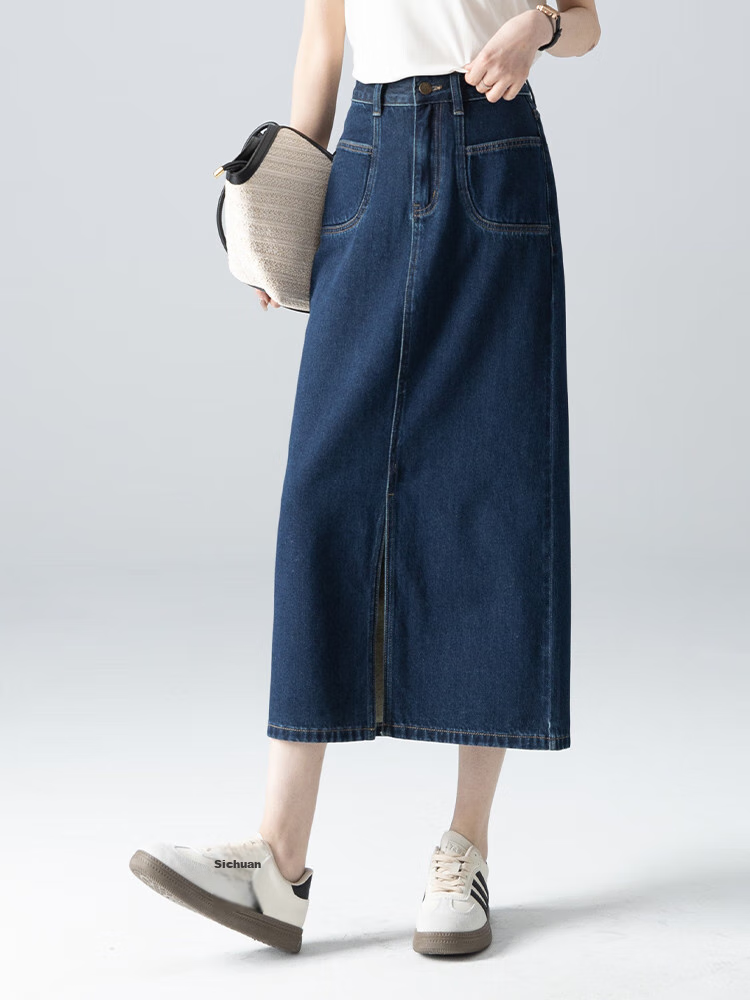 Dme New High-Waisted Retro Straight Loose A-Line Mid-Length Denim Skirt for Women, Dark Blue, Size 29 28