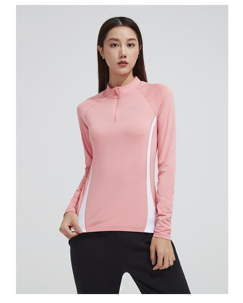 CAMEL Thin Fleece Sports Top for Women, Stand-Up Collar Long Sleeve Running Fitness T-Shirt C1W14L0623 Peach Pink S 27