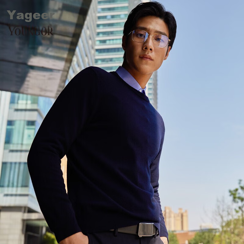 YOUNGOR [100% Wool] Autumn And Winter Men's Warm Business Casual Round Neck Sweater VYQW639994FYA, Navy Blue, S