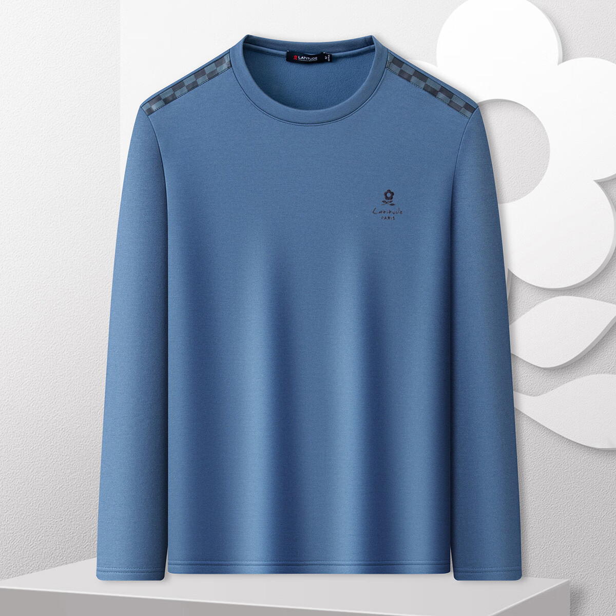 MONTAGUT [Leather Plaid Patchwork & Fleece-Lined Warm] Autumn And Winter Cotton Skin-Friendly Round Neck Long-Sleeve Sweatshirt, Gray-Blue, Size 54
