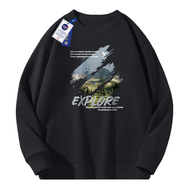 NASA GISS Official Trendy Sweatshirt for Men, Autumn And Winter Loose-Fit Illustration Versatile Round Neck Pullover Base Layer Jacket for Men, Black, Size L