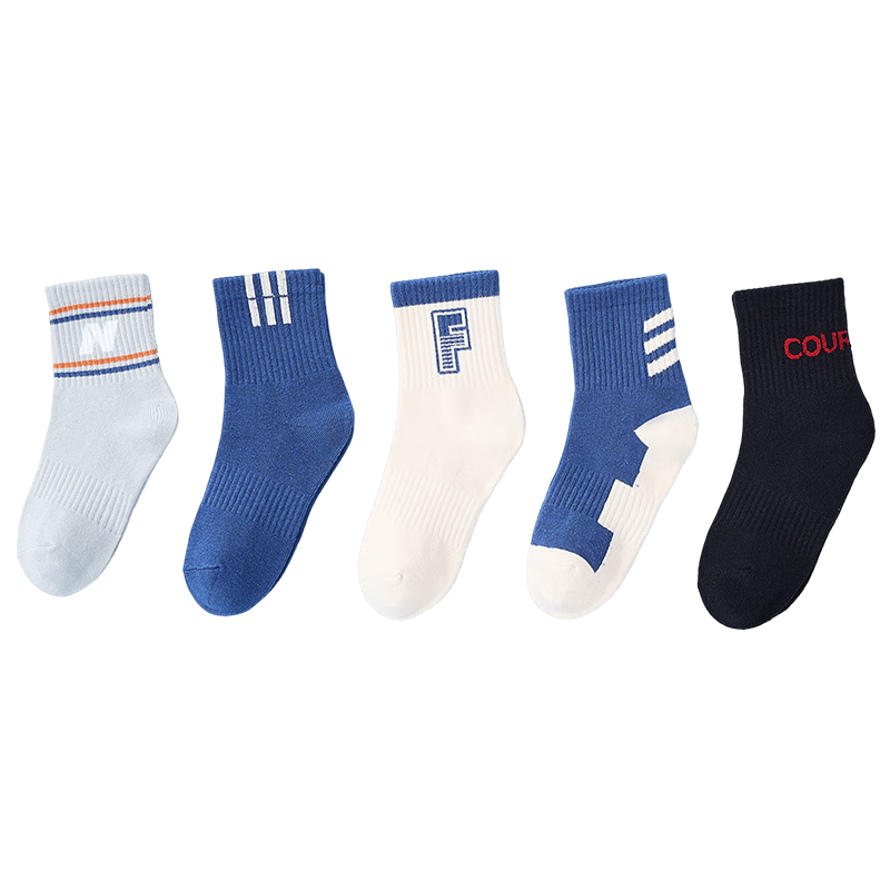 LangSha Children's Socks, Boys' Mid-Calf Cotton Socks for All Seasons, High-Elastic Breathable Comfortable Sports Socks for Older Children And Teenagers, 5 Pairs Per Pack