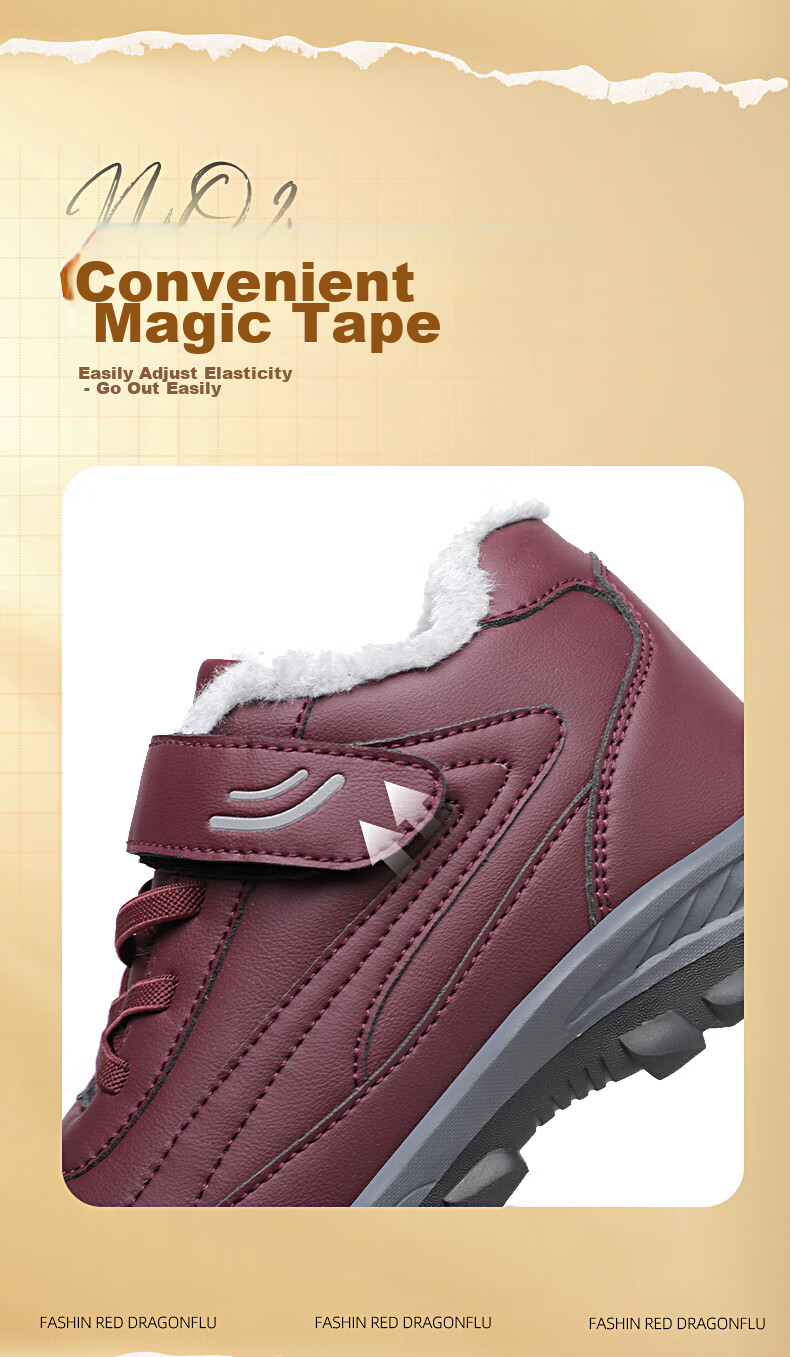 RED DRAGONFLY WINTER FLEECE-LINED WARM SHOES FOR ELDERLY, THICKENED FUR-LINED COTTON BOOTS, MIDDLE-AGE TO ELDERLY COTTON SHOES FOR WOMEN C0TTN01081 11