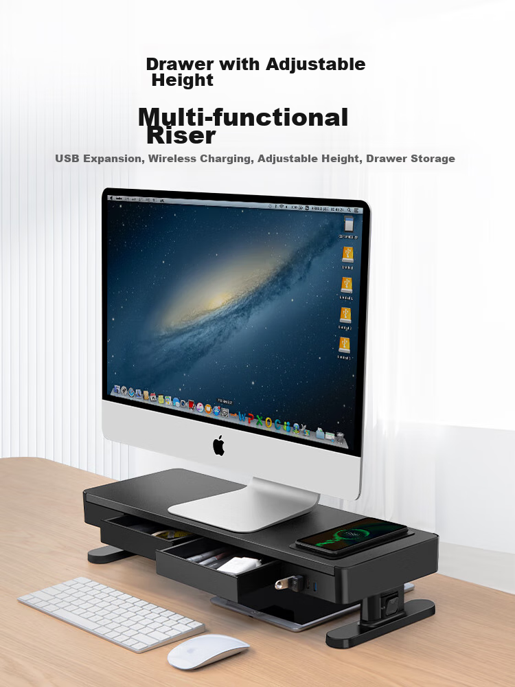Luwei Monitor Riser Stand, Multifunctional Laptop Stand, Desktop Computer Base, USB 3.0 Adjustable Height + Wireless Charging with Drawer, ZGL121 1