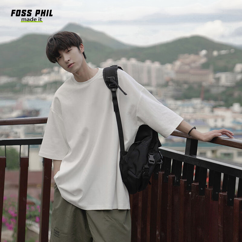 Foss Phil Heavyweight Short-Sleeve T-Shirt for Men, Summer Pure Cotton Loose Versatile Solid Color Men's Undershirt T2100 White S
