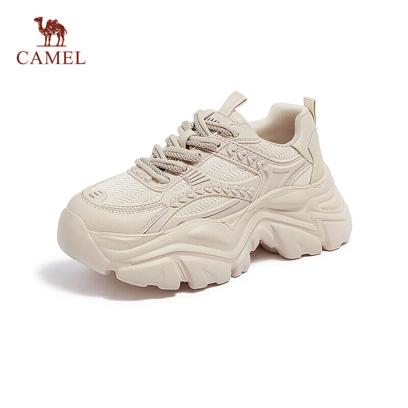 CAMEL Dad Shoes for Women, Sports Patchwork Upper, Thick-Soled Casual Shoes, L24S283622, Apricot Color (All-Season Style), Size 39