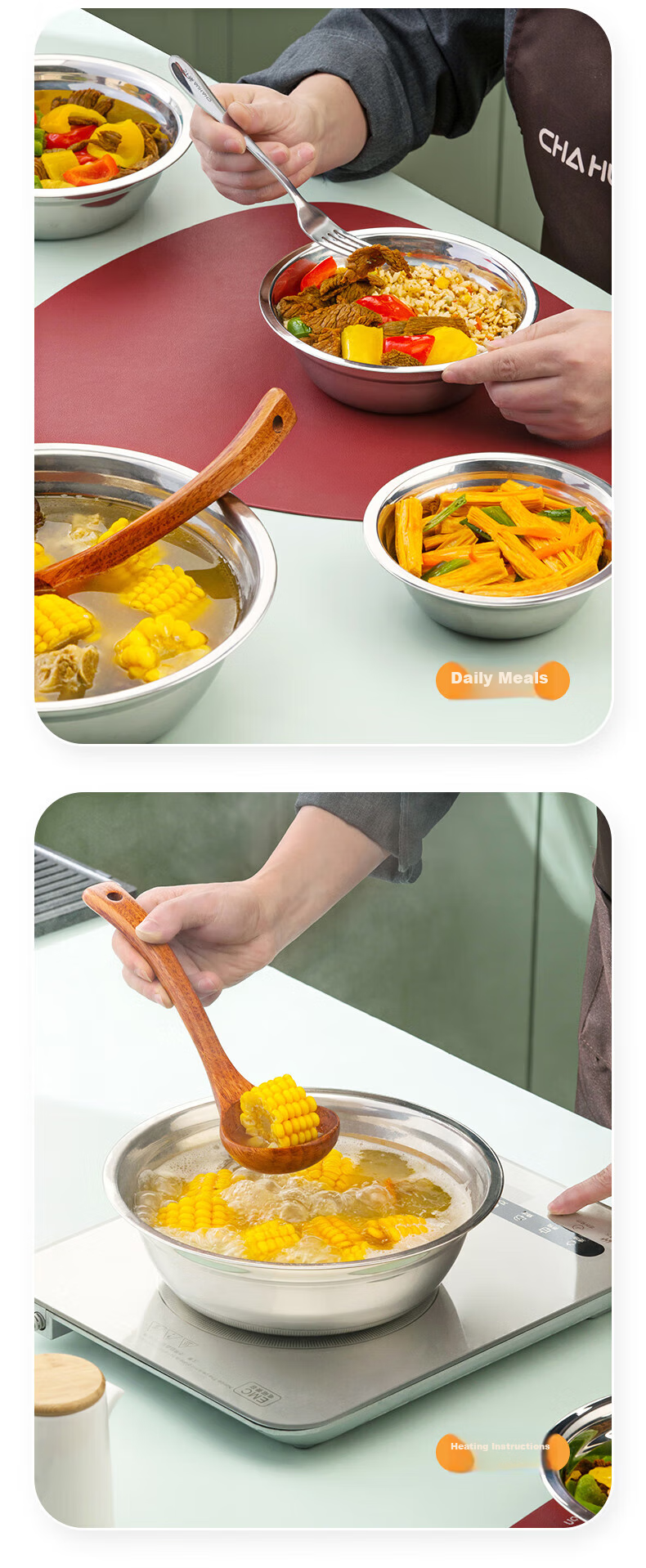 CHAHUA Premium Stainless Steel Thickened Round Plate Household Vegetable Plate Dining Plate Barbecue Plate 20cm 2-Pack 8