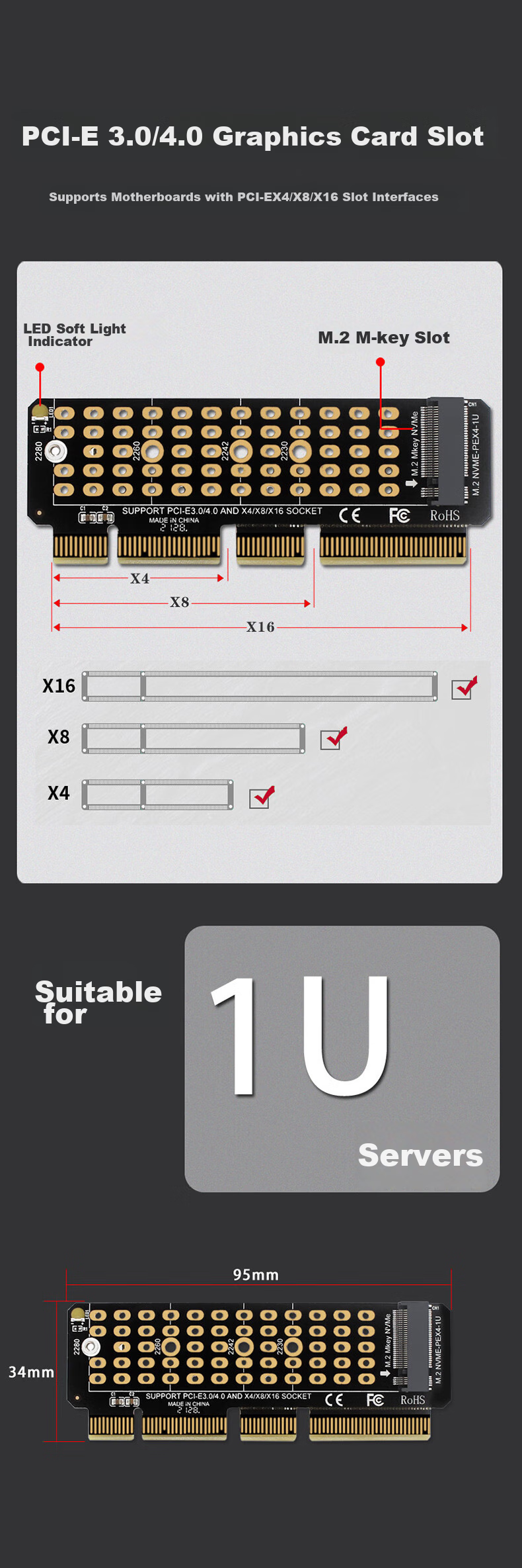 LinkStone PCIe to M.2 NVMe Expansion Card Compatible with PCIe 4.0/3.0, Suitable for Desktop Computers And Chassis, X4/X8/X16 Expansion SSD Adapter Card 2
