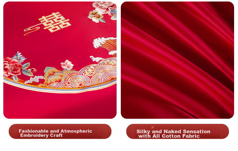 BEYOND Home Textiles Wedding Four-Piece Set, Pure Cotton, Wedding Red, 60-Count Long-Staple Cotton, Embroidered Wedding Bedding Set, Huayue, 1.5 Meters 11