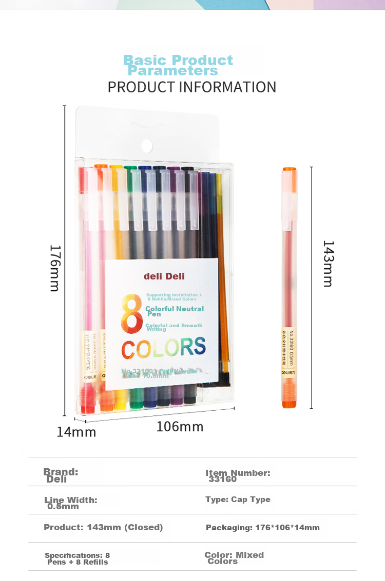 Deli Candy 8-Color Pull-Out Cap Colored Gel Pen Set, 0.5mm Full Needle Tube Signing Pens, Highlighters, Water-Based Pens for Journaling, 8 Pens + 8 Refills, 33160 2