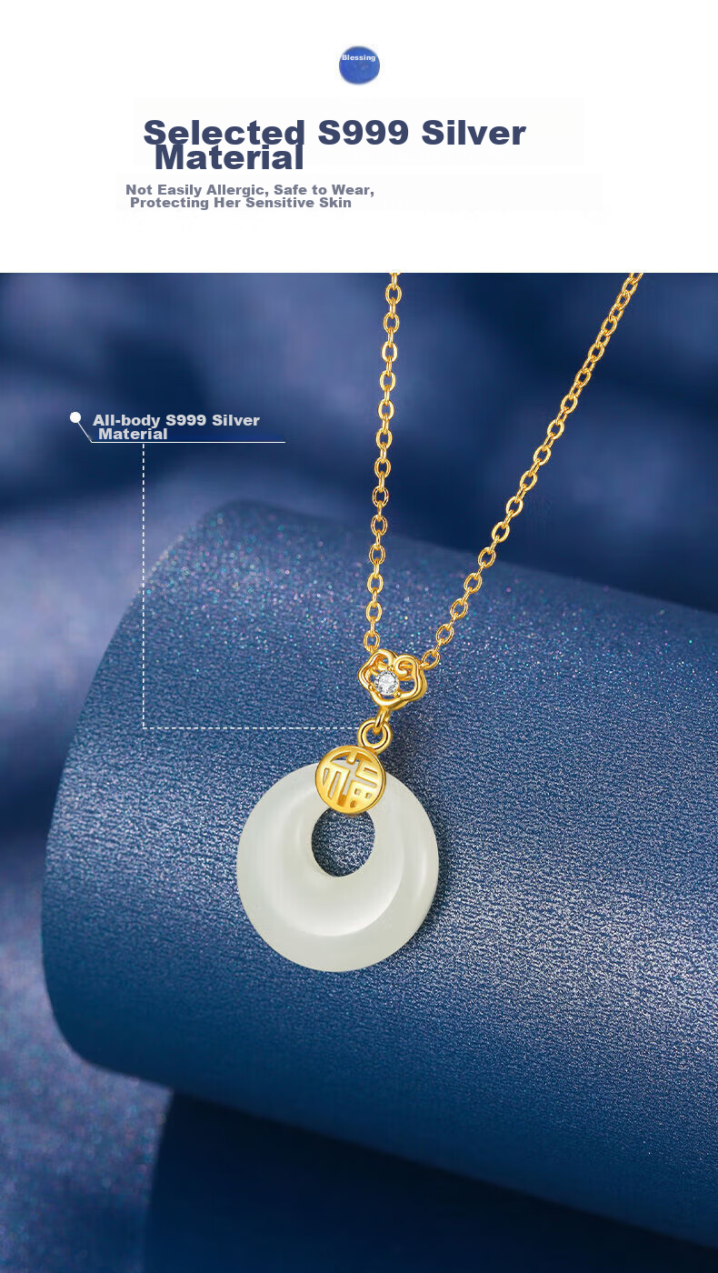 Dijing Peace Buckle Sterling Silver Necklace for Women with Hetian Jade Pendant, Elegant High-End Jade Pendant, Thoughtful Practical Birthday Gift for Wife 6