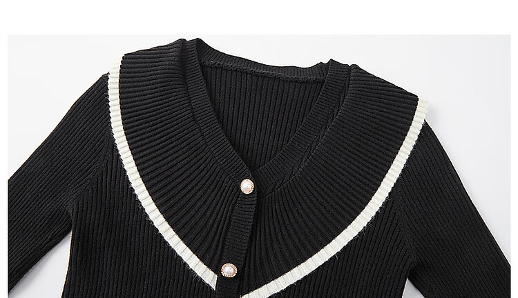 Dme V-Neck Faux Fur Cardigan with Ruffle Trim And Contrasting Color, Ruffle Trim Knit Sweater Women's Top, Black, S 12