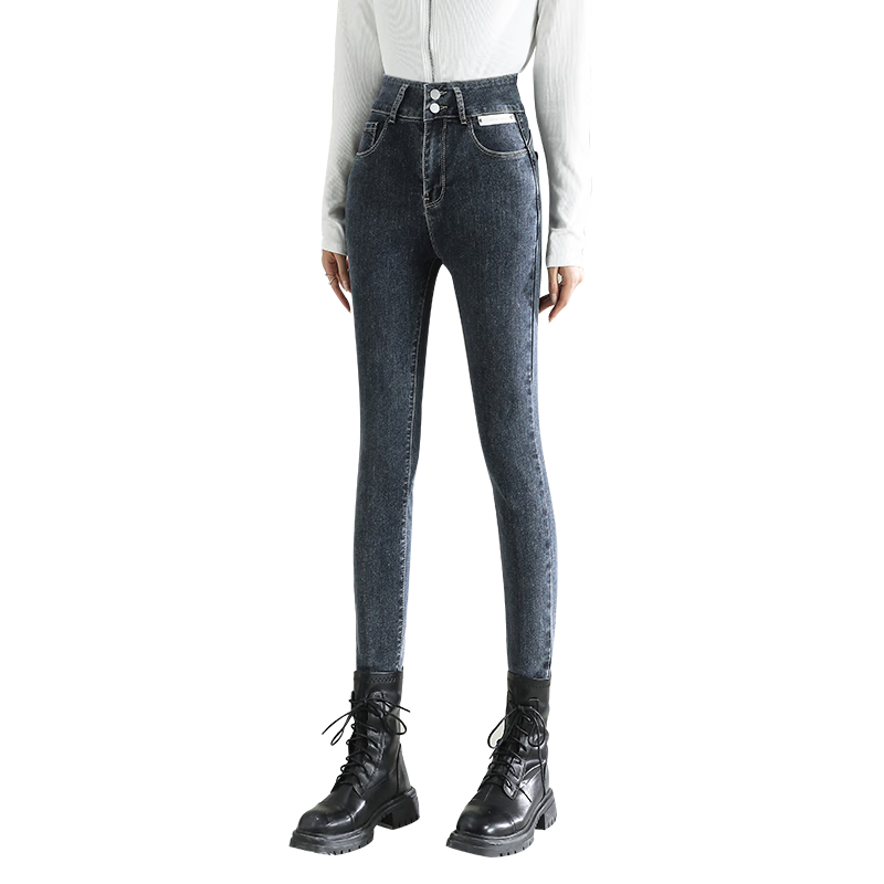 JEANSWEST Women's Jeans 2025 Winter High Waist Slim Fit Fleece Lined Pencil Pants Blue Gray Fleece Lined Size 29