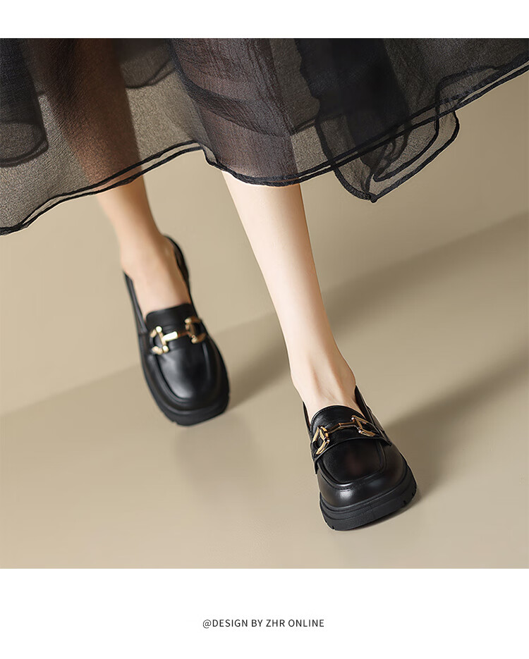 ZHR Women's Loafers, Soft-Soled Versatile Round-Toe Leather Shoes, British Style Chunky Heel Women's Shoes, OFTEP06, Black, Size 38 8
