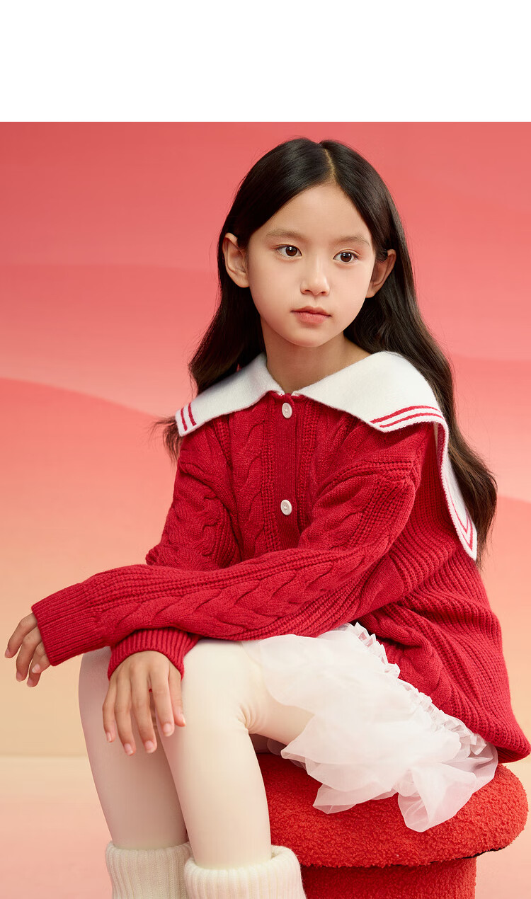 BALABALA Girls' Red Sweater, Children's Knitted Cardigan, Spring And Winter Wear, Contrasting Colors, Warm Open-Front Desig 14