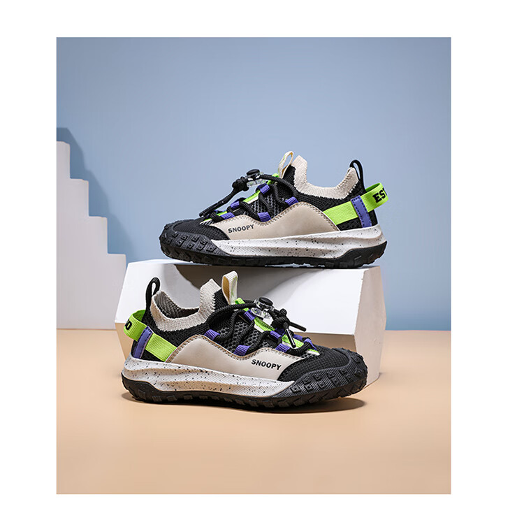 SNOOPY Children's Sports Shoes, Kids' Sneakers with Mesh Upper, Durable Outdoor Shoes, Breathable Casual Shoes for Boys And Girls, 0210 Black And Green, Size 33 16
