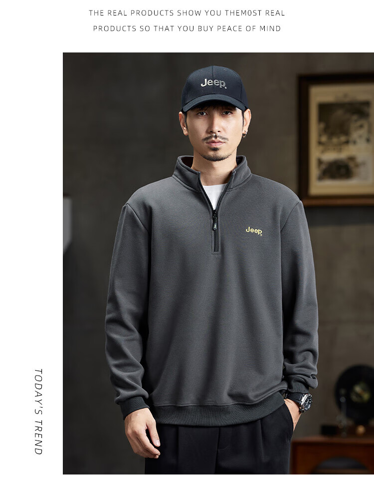 JEEP High-End Stand-Collar Sweatshirt for Men, Spring And Autumn 2026, Loose-Fitting Sports Polo Shirt with Collar, Long-Sleeve T-Shirt Top for Me 4