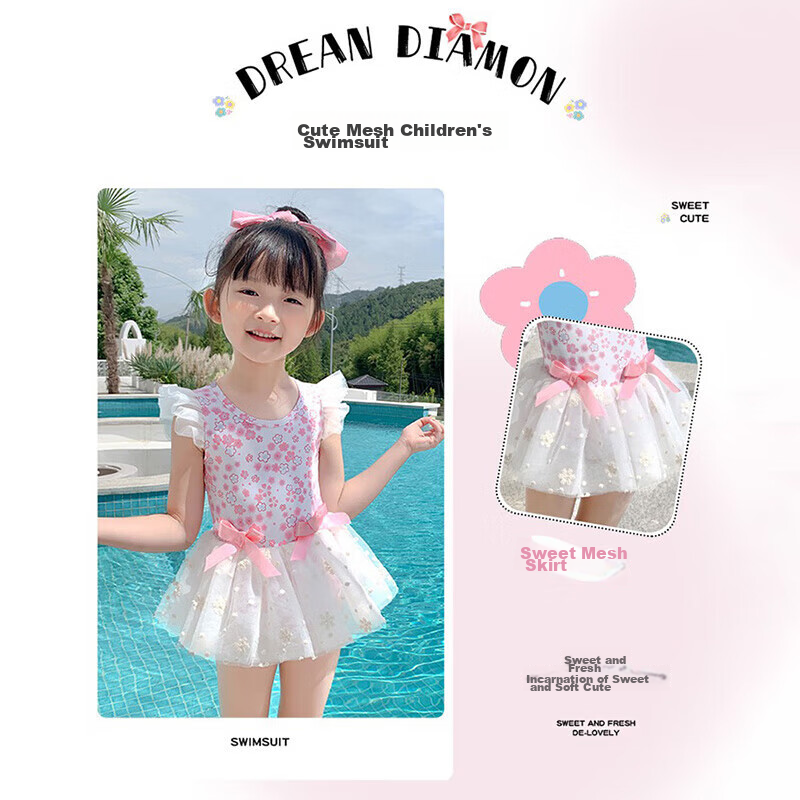 F.DYRAA Children's Swimsuit, One-Piece Dress for Girls, Cute Princess Style, Suitable for Toddlers, Swimming Pool And Hot Spring, Model 32652, Pink, Size M