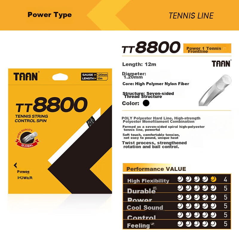 Струны для теннисных ракеток Taan TT8800, 12м, полиэстер, черный
