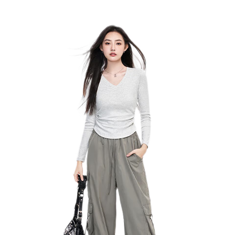 Woodpecker Women's Long Sleeve V-Neck Slim Fit Base Layer T-Shirt Spring Autumn Light Gray XL