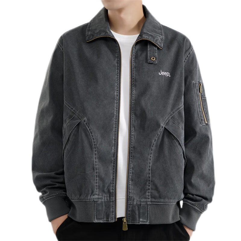 JEEP Men's Jacket, Spring And Autumn Casual Loose Workwear Lapel Coat, Black, Size L