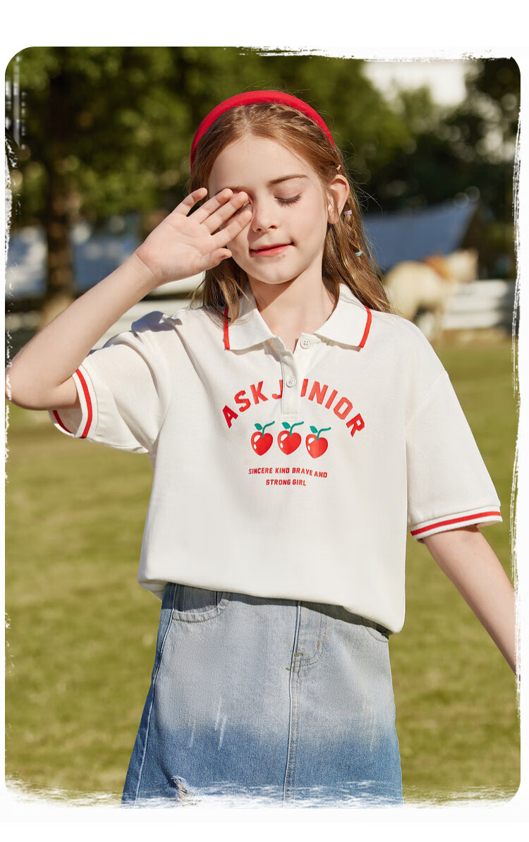 ASK JUNIOR Children's Clothing, Girls' T-Shirt, for Older Kids, Short-Sleeved Summer Wear, Sports Casual Breathable Polo Shirt, White, Size 120 1