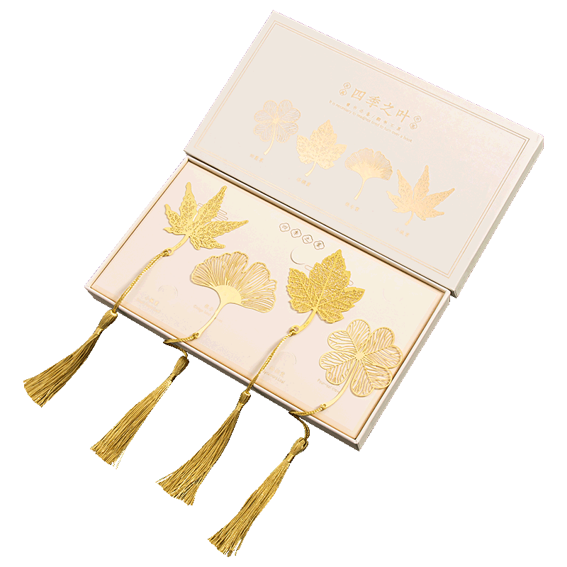 TIANSE Four Seasons Leaf Brass Bookmark Gift Box, Metal Chinese Style Cultural And Creative Souvenir Gift for Female Teachers, Birthday Party Favor TS-5881