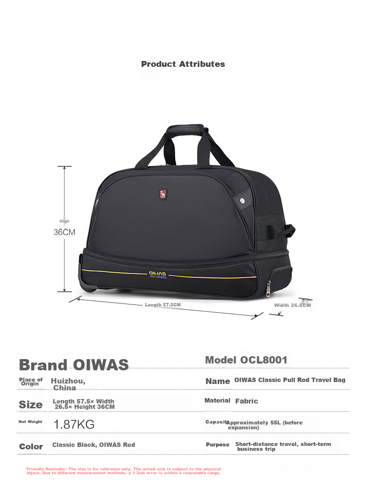 OWAS Large Capacity Wheeled Travel Bag, Handheld And Foldable Luggage, Water-Resistant Suitcase, Black 11