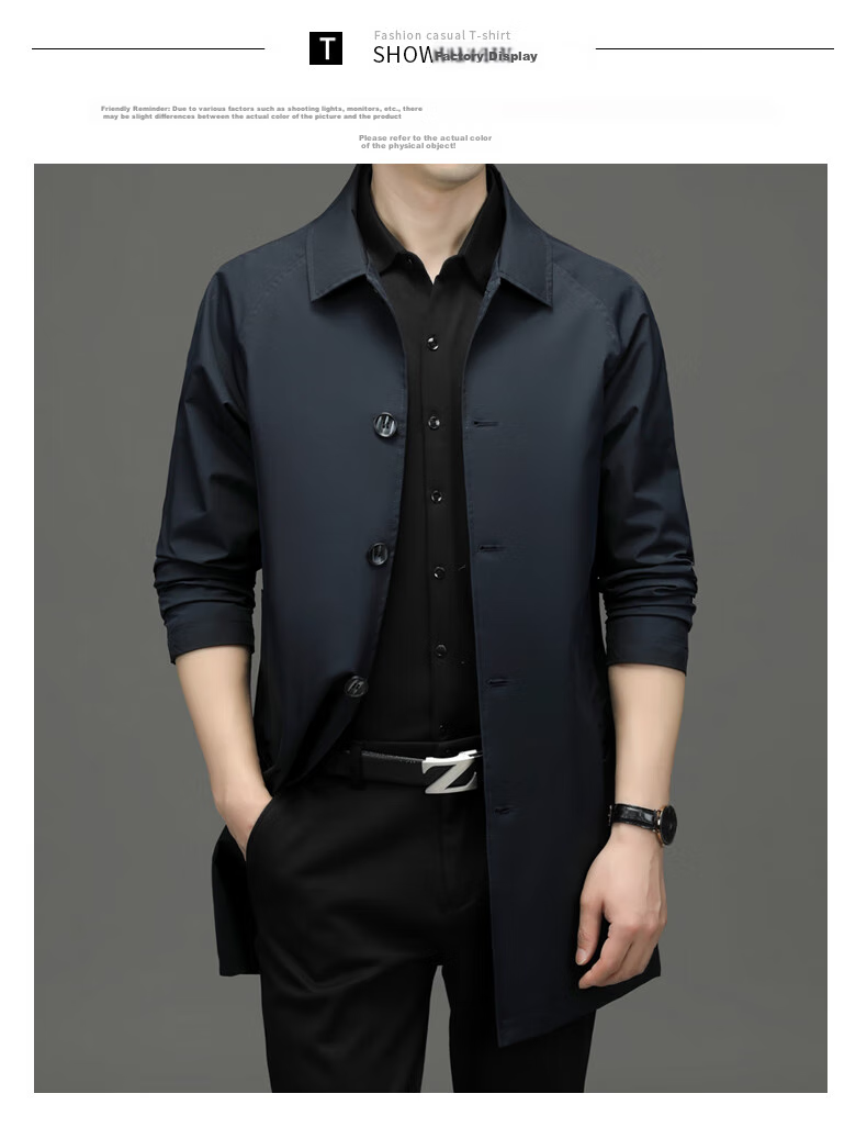 ROMON Men's Trench Coat, Spring And Autumn Business Casual Mid-Length Overcoat, Outerwear Jacket D-2021 Black XL 16