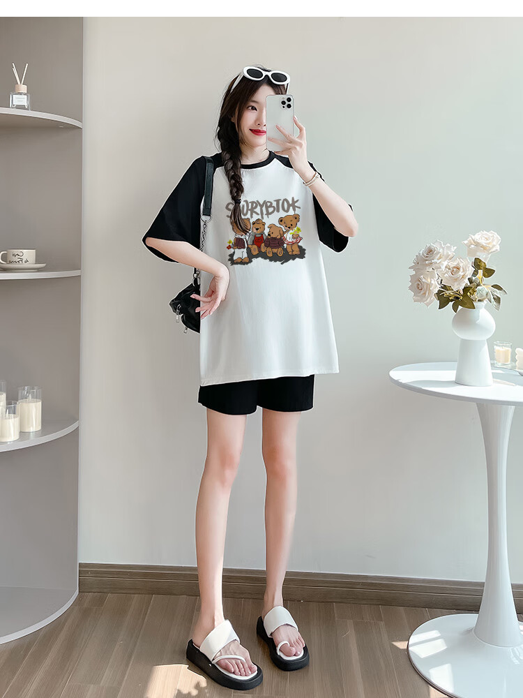 JOYNCLEON Maternity Summer Thin Loose Raglan Sleeve Printed T-Shirt and Versatile Shorts Set White L Jtz158115 18