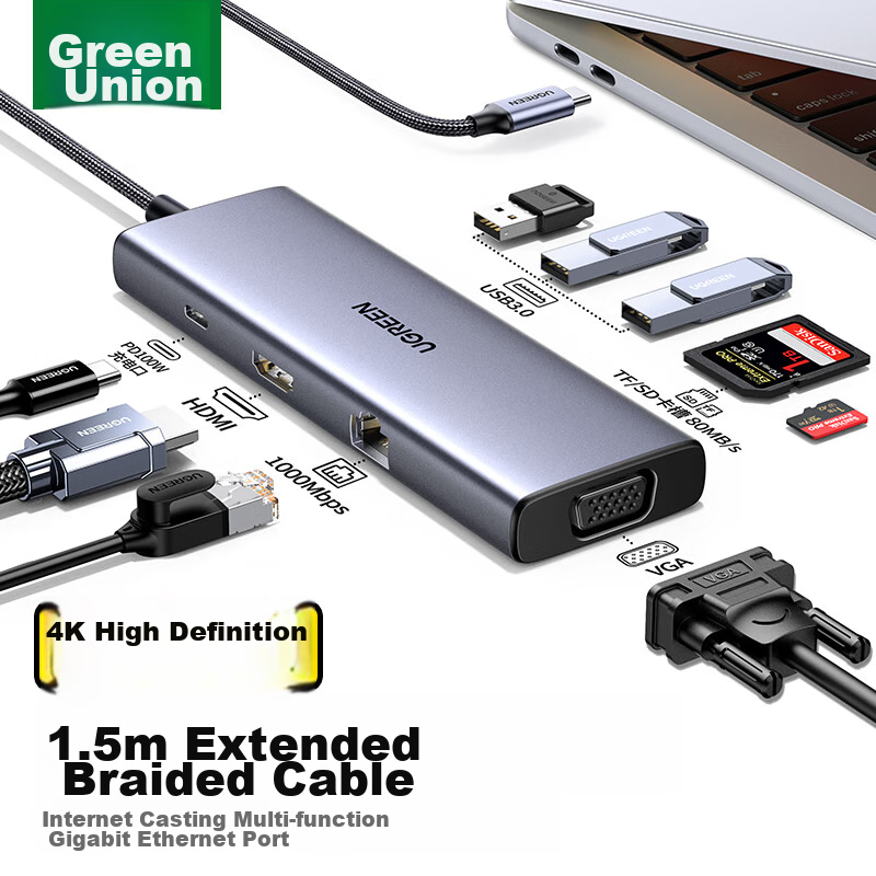 UGREEN Type-C Expansion Dock, HDMI Extension Dock, Network Cable Adapter, 1.5m Cable Hub, Card Reader Compatible with Apple 16/17, Huawei Laptops, IPad, Thunderbolt 4