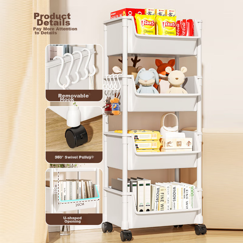 Shunyou Movable Storage Rack, Floor-Standing Bookshelf, Multi-Functional Kitchen Snack Organizer, Vegetable Shelf, Four-Tier SY-137