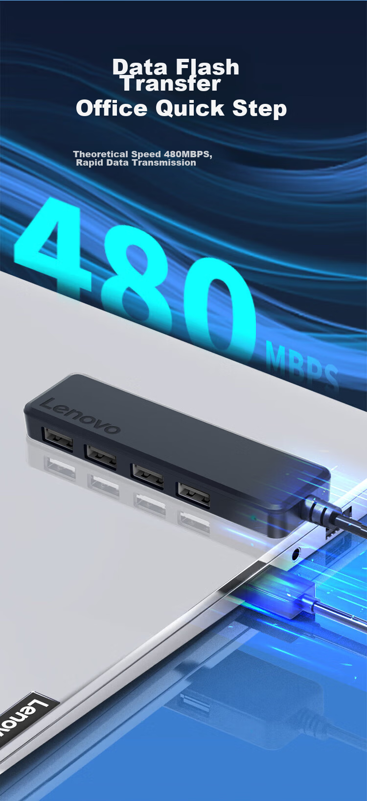 Lenovo USB Hub, 2.0 Interface Converter, High-Speed Expansion Dock, Charger Adapter, HUB Concentrator, Extension Cable, Expansion Dock Suitable for Laptops And Desktop Computers 2