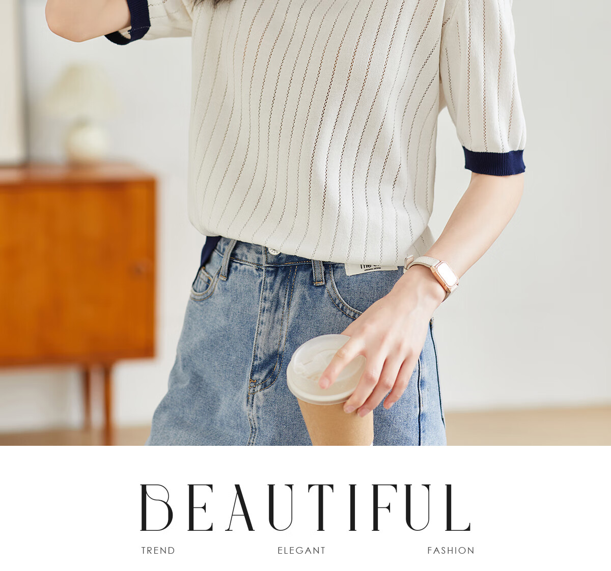 Taxiang Women's Short-Sleeve T-Shirt, Doll Collar Thin Knit Top, Summer Women's T-Shirt, Contrasting Color Top, T144T1629 3