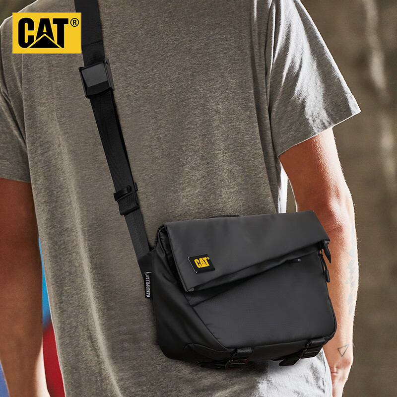 CAT Messenger Bag, Single Shoulder Crossbody Bag, 11-Inch IPad Briefcase, Trendy Chest Pack, Horizontal Style, Motorcycle Outdoor Bag, Black, 84561
