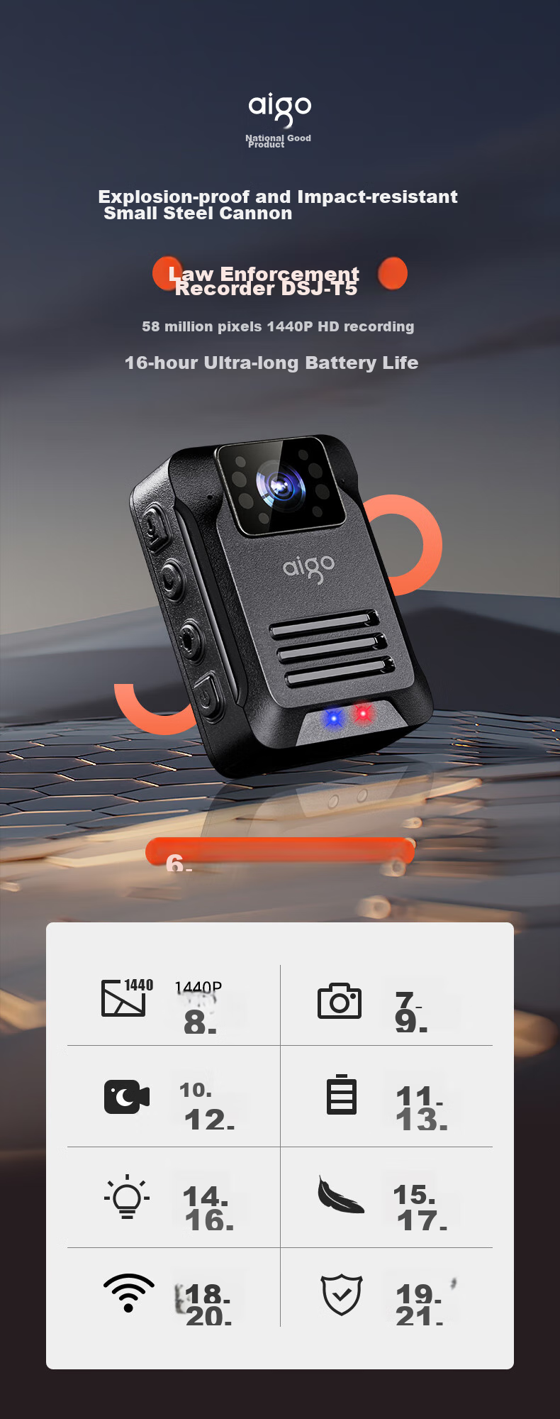 Aigo Body-Worn Camera, High-Definition Portable Recorder, Chest-Mounted Explosion-Proof Small Audio Recorder with Remote Control T5 32GB 1
