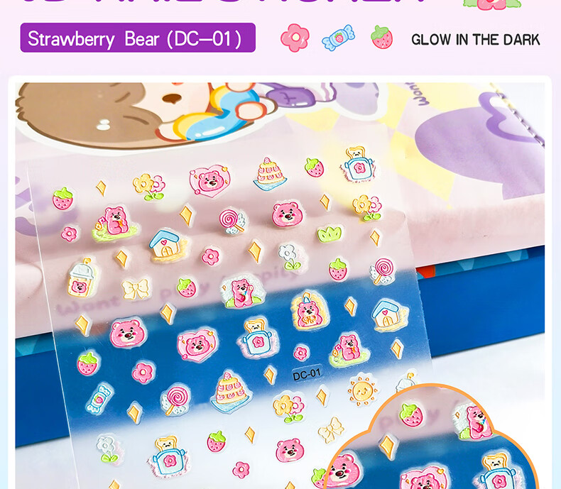 Diyu Glow-In Nail Stickers for Children And Girls, Embossed Nail Art Decals, Removable Waterproof 3-Year Baby Kids Fluorescent Nail Stickers 12