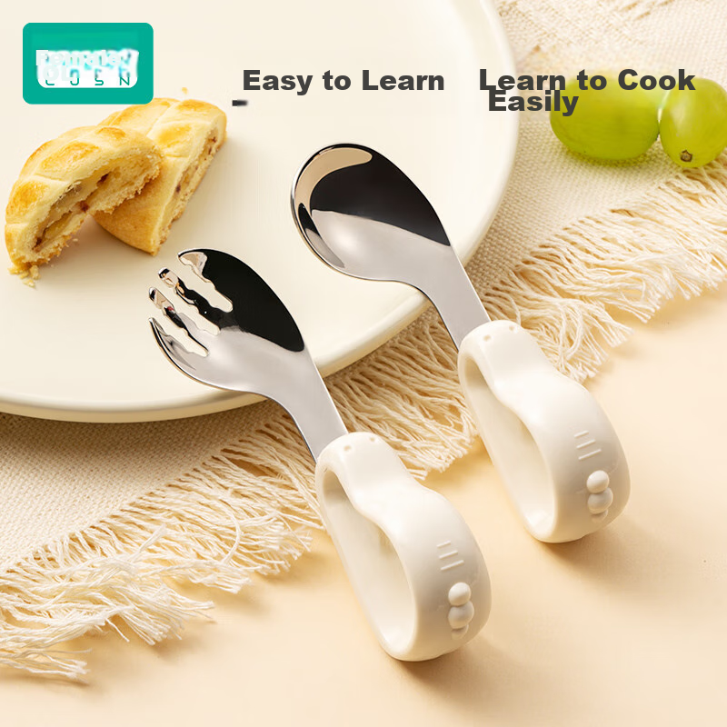 LUSN Baby Self-Feeding Spoon, First-Year Infant Feeding Training, Children's Stainless Steel Short-Handle Fork And Spoo
