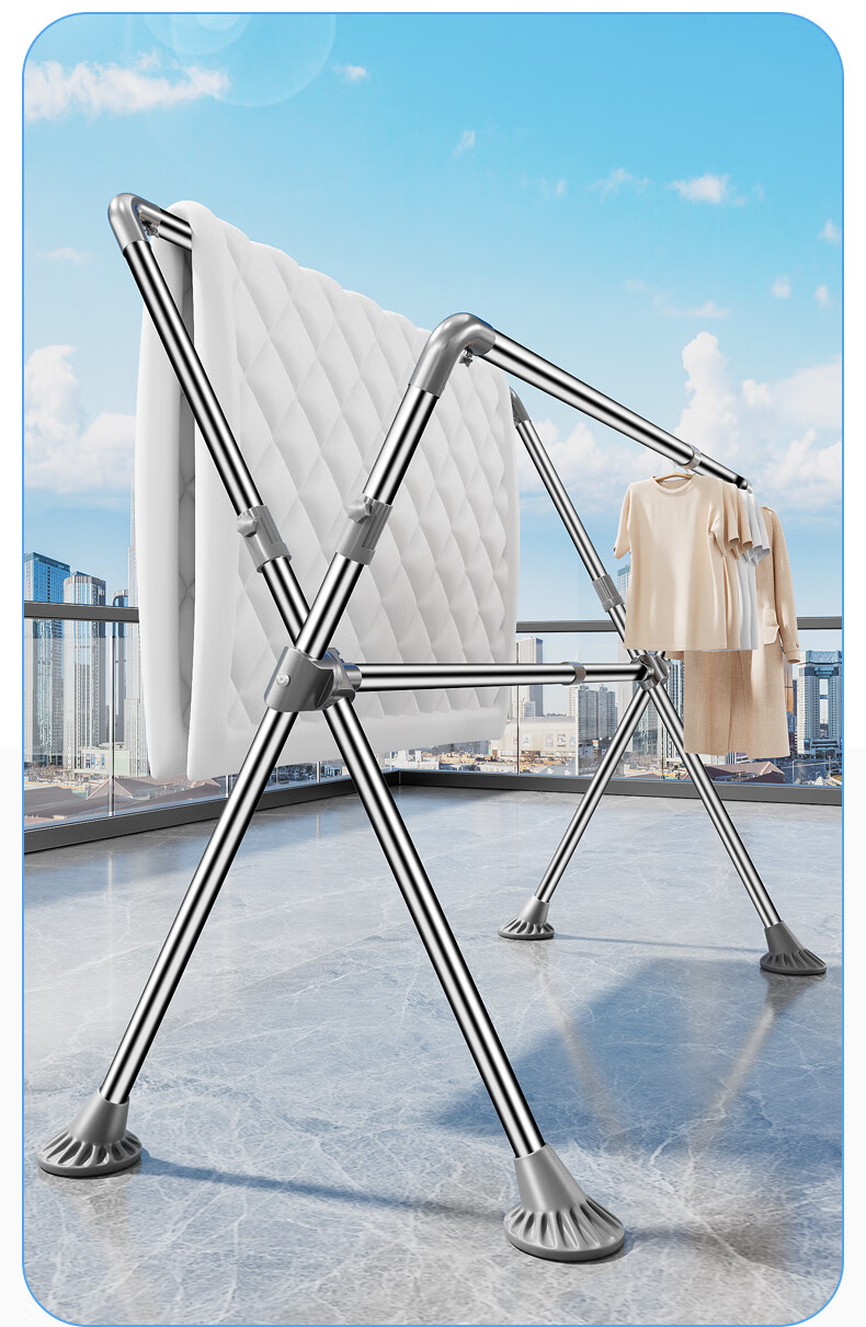 Jiabangshou Floor Clothes Drying Rack Folding Three-Rod Stainless Steel Telescopic Indoor Outdoor Mobile Quilt Rack 6
