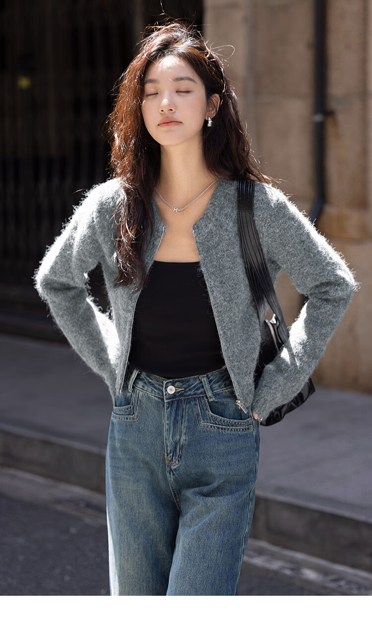 Dme [Gray Plush Knit Jacket] Autumn Round Neck Opening Placket Zipper Design Long-Sleeve Knit Sweater, Gray, S 10