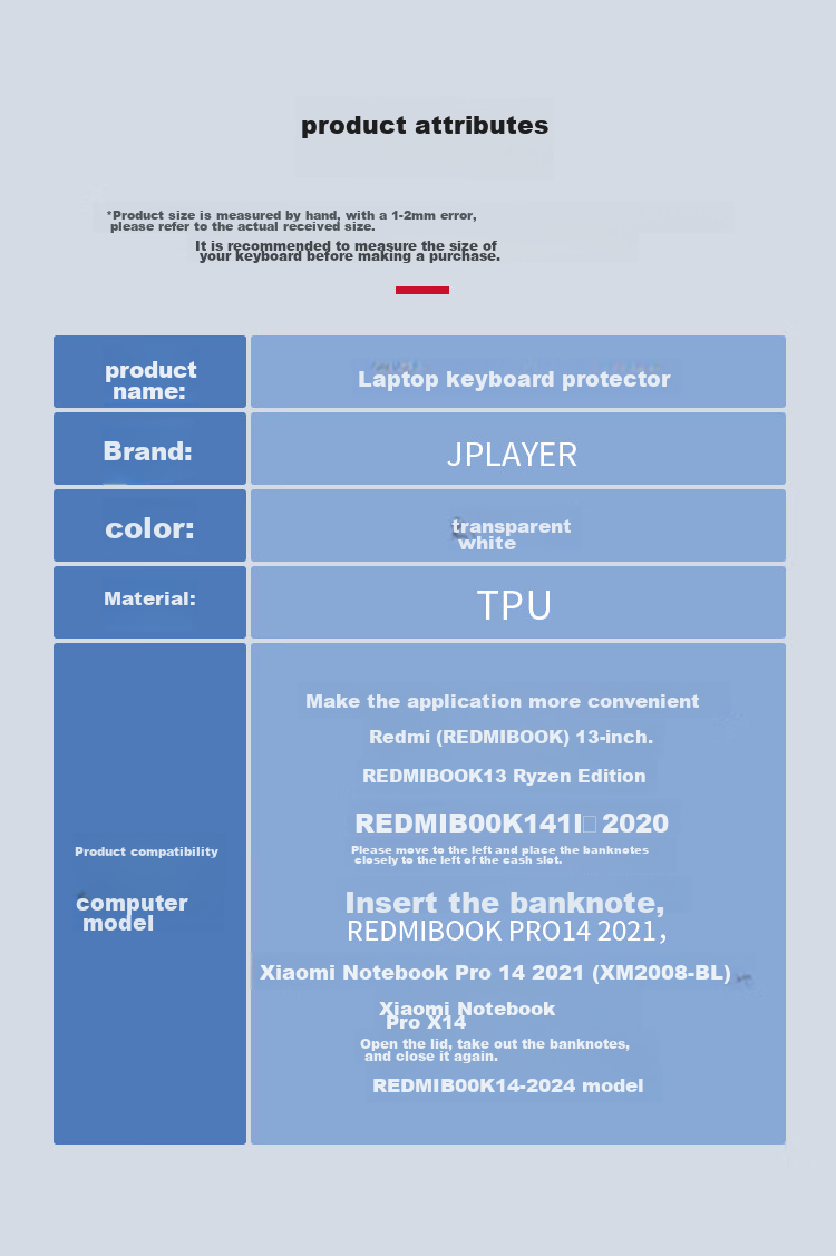 JPLAYER Keyboard Protector Film for Xiaomi Redmi Book 14 25/24/23 Models/Pro14 24 Model Laptops, High Transparency Ultra-Thin Film, Anti-Dirt TPU 11