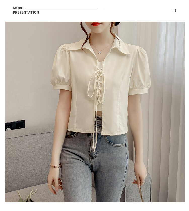JEANSWEST Women's Summer 2025 Loose Puff Sleeve Short Sleeve Crop Shirt White L 18