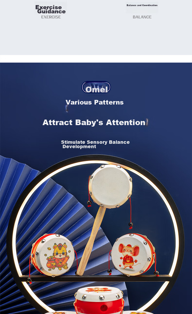 Oumaier 0-1 Year Old Baby Rattle Drum, Newborn Infant Traditional Toy, Wooden Sheepskin, Natural Wood Sheepskin Jihu 3