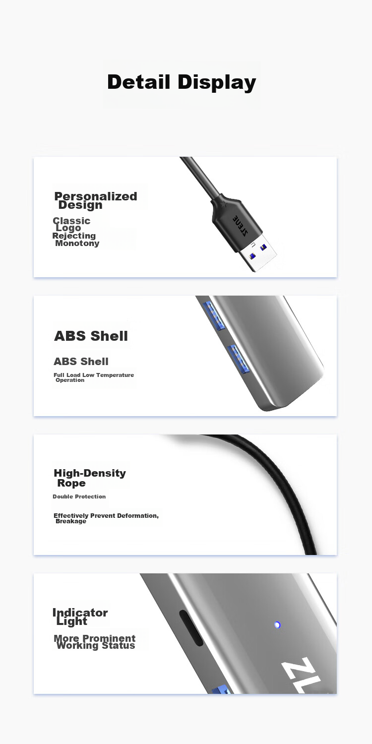 ZLEUE USB Hub 2.0, 4-Port Hub Expander, Laptop And Desktop Computer Splitter, Multi-Port Adapter, Extension Cable with Power Port, 0.2 Meters, E8001C 7