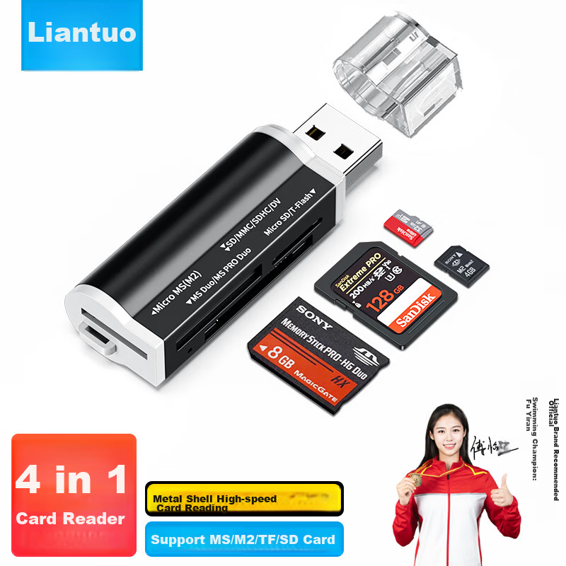 LinkStone USB 2.0 картридер SD/TF/CF/XD/MS, алюминиевый корпус, черный