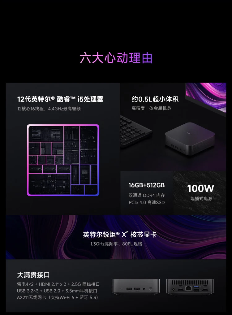 Xiaomi Xiaomi mini host high-performance business computer desktop host 0.5L ultra-small volume 12th generation Core i5-1240P 12-core 16G 512GSSD Xiaomi Xiaomi mini host high-performance business computer desktop host 0.5L ultra-small volume 12th generation Core i5-1240P 12-core 16G 512GSSD