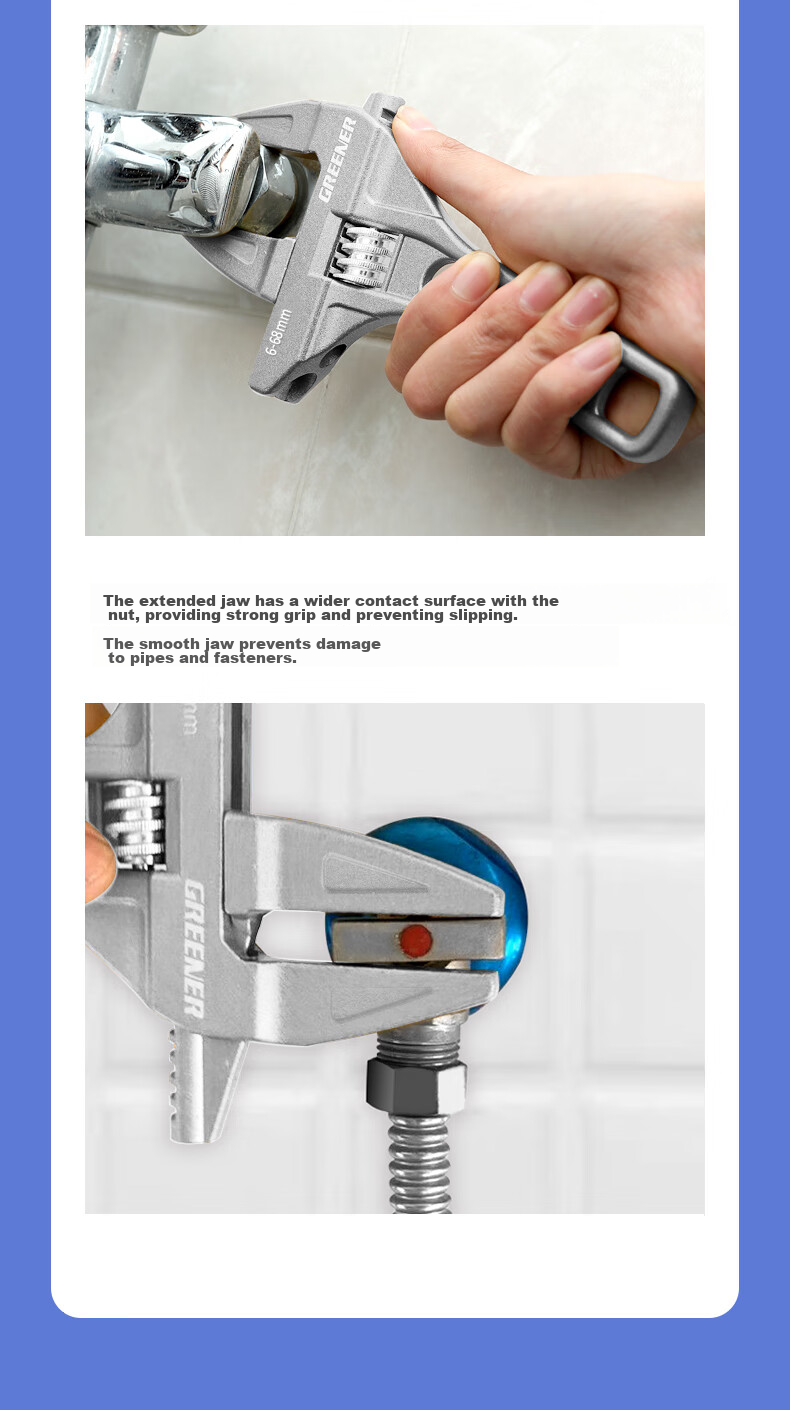 GREENER Adjustable Wrench, Plumbing Wrench for Home Use, Universal Wide-Mouth Wrench, Short-Handle Pipe Wrench, Multi-Functional Spanner 11